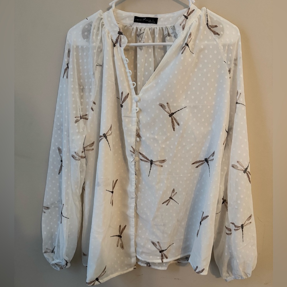 Emery Rose Women’s Large Sheer Long Sleeve Dragonfly Blouse w/ Sleeve Garters